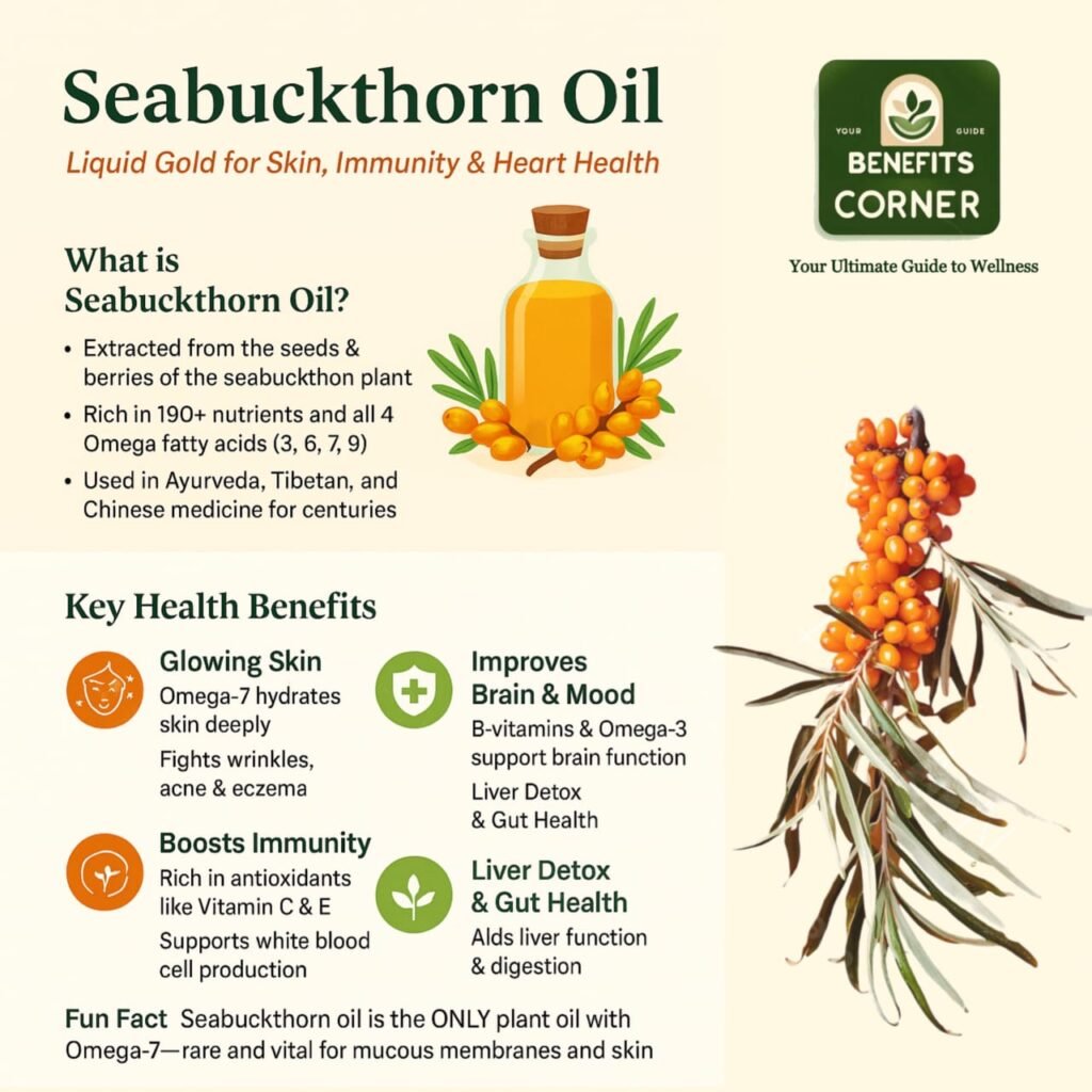 Seabuckthorn oil benefits for glowing skin, brain health, immunity, liver detox, and gut support