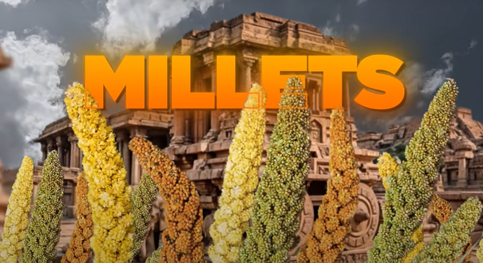 "Types of Millet – showcasing different colorful millet crops in front of an ancient Indian temple, highlighting the traditional and nutritious grains used in Indian agriculture."
