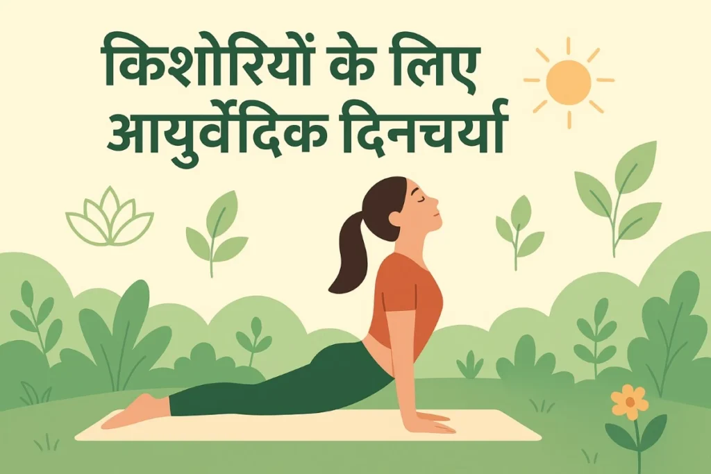 योगासन करती किशोरी, आसपास हरे पौधे और सूरज की रोशनी, आयुर्वेदिक जीवनशैली को दर्शाता चित्र – किशोरियों के लिए आयुर्वेदिक दिनचर्या