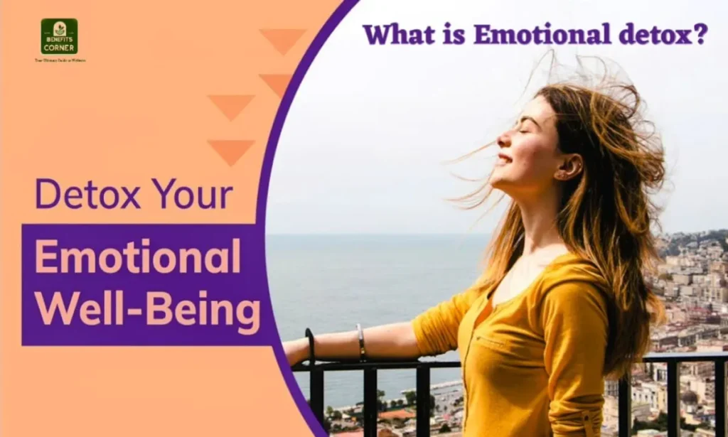 समुद्र किनारे बालकनी में खड़ी एक युवती ताज़ी हवा में आँखें बंद करके गहरी सांस ले रही है। चित्र पर लिखा है – 'Detox Your Emotional Well-Being' और 'What is Emotional Detox?'. पृष्ठभूमि में शहर और समुद्र का दृश्य दिखाई दे रहा है।