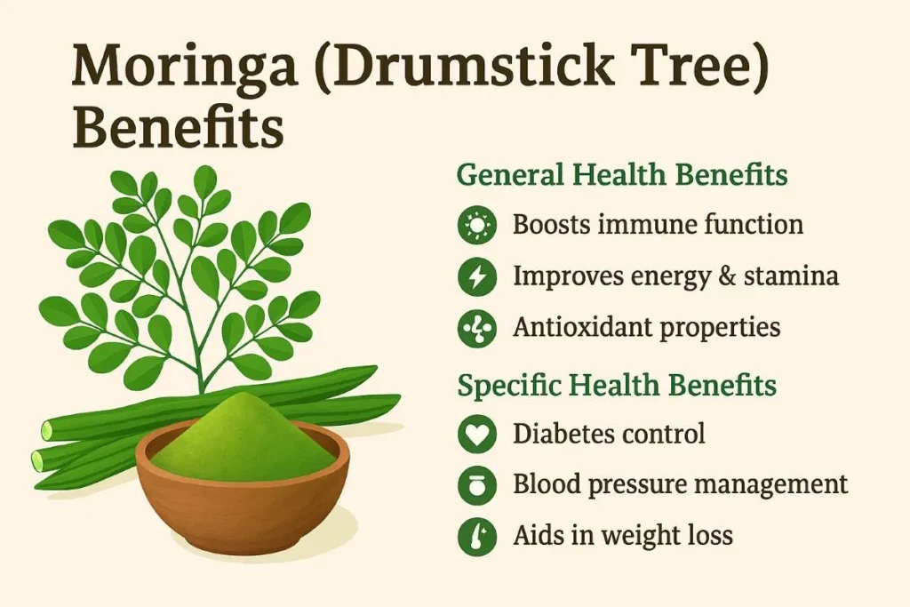 Moringa in Hindi – मोरिंगा (सहजन) पाउडर और पत्तियों की तस्वीर, जिसमें इम्यूनिटी बढ़ाने, ऊर्जा और स्टैमिना सुधारने, एंटीऑक्सीडेंट गुण, डायबिटीज कंट्रोल, ब्लड प्रेशर मैनेजमेंट और वजन कम करने जैसे फायदे बताए गए हैं।