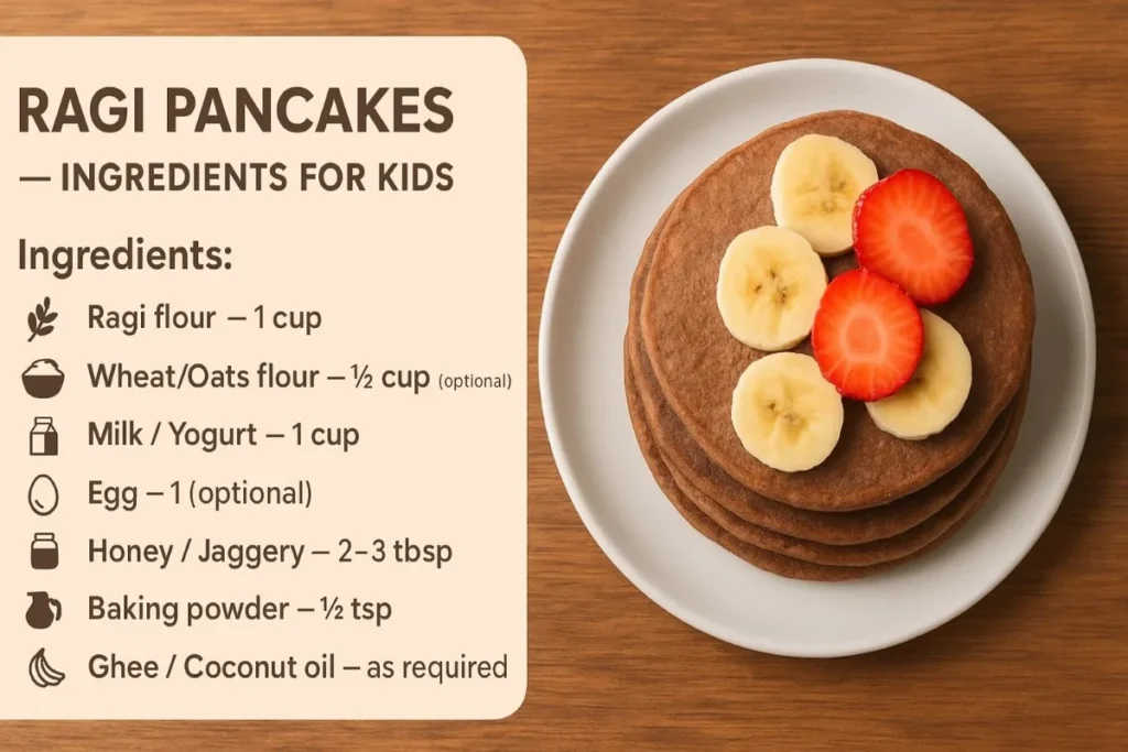 बच्चों के लिए रागी पैनकेक रेसिपी कार्ड, जिसमें सामग्री सूची दी गई है – रागी का आटा, गेहूं/ओट्स का आटा, दूध या दही, अंडा, शहद या गुड़, बेकिंग पाउडर, घी या नारियल तेल। सफेद प्लेट में केले और स्ट्रॉबेरी के स्लाइस से सजे रागी पैनकेक।