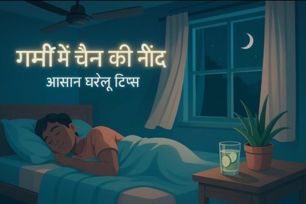 एक व्यक्ति गर्मी की रात में पंखे के नीचे आराम से सो रहा है। खिड़की से चाँद दिख रहा है, पास की टेबल पर एलोवेरा का पौधा और खीरे वाला पानी रखा है। ऊपर हिंदी में लिखा है: 'गर्मी में चैन की नींद – आसान घरेलू टिप्स