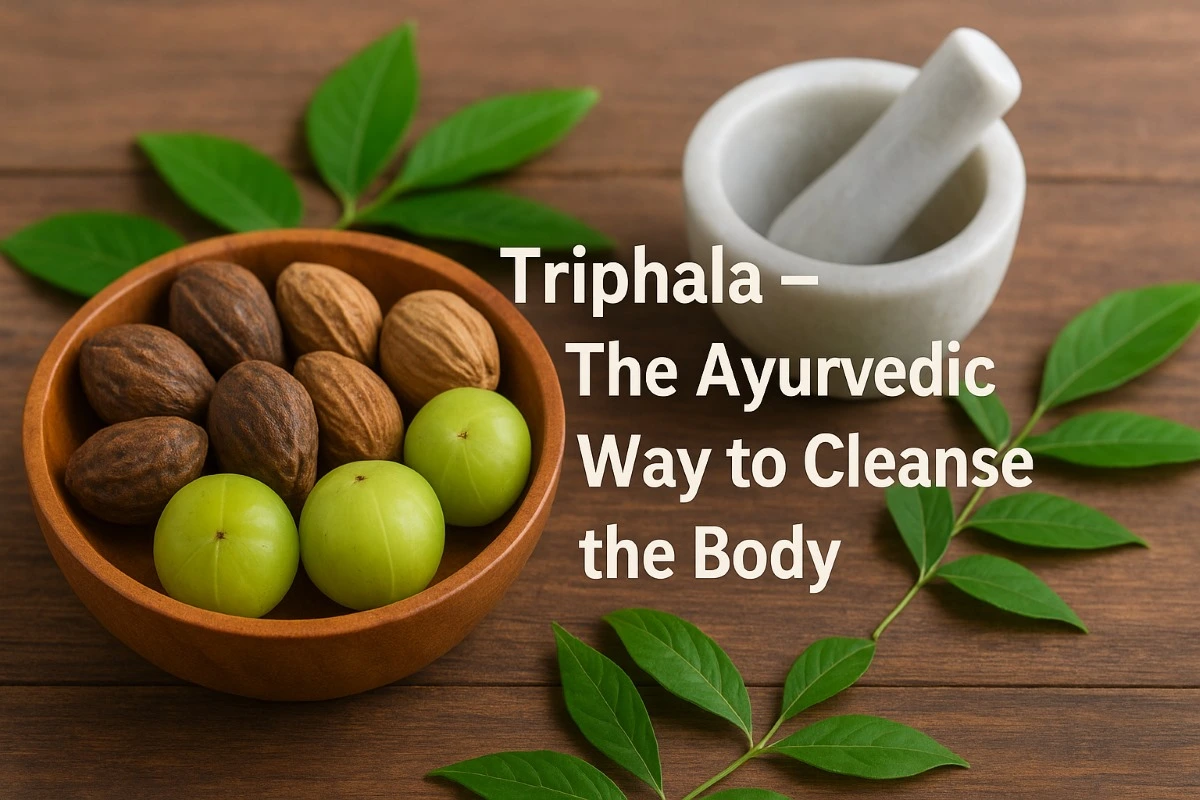 लकड़ी के कटोरे में त्रिफला के तीन फल – हरितकी, बिभीतकी और आंवला रखे हुए हैं। पास में हरे पत्ते और सफेद सिलबट्टा (ओखली-मूसल) रखा है। चित्र पर लिखा है: “त्रिफला – शरीर की सफाई का आयुर्वेदिक तरीका।