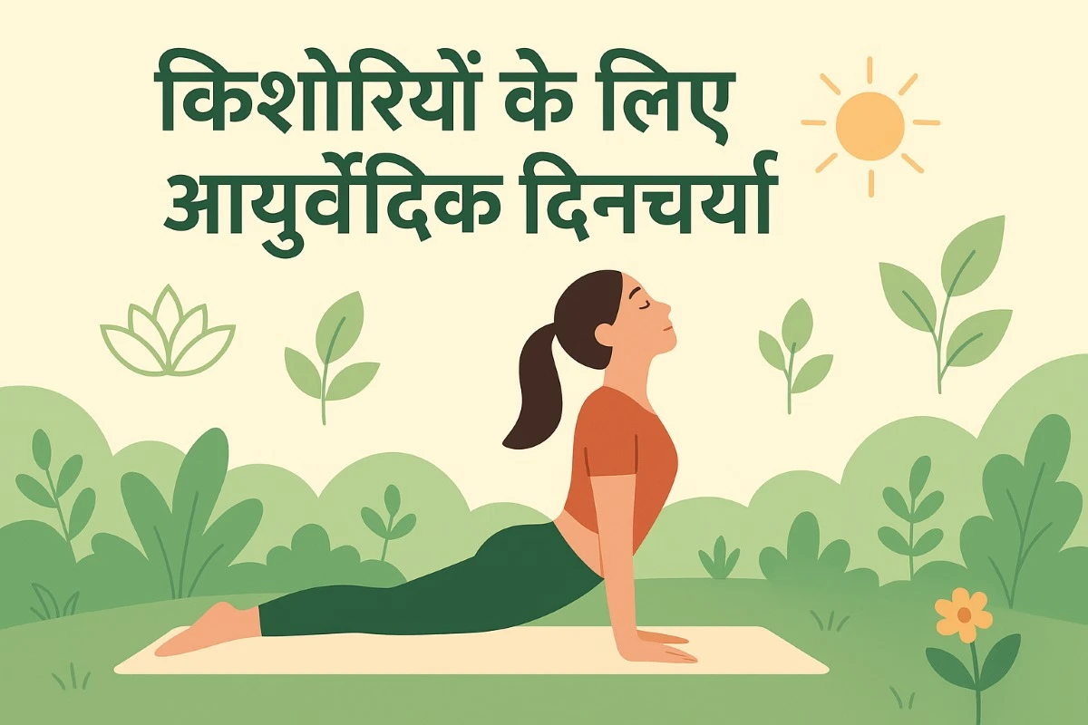 योगासन करती किशोरी, आसपास हरे पौधे और सूरज की रोशनी, आयुर्वेदिक जीवनशैली को दर्शाता चित्र – किशोरियों के लिए आयुर्वेदिक दिनचर्या