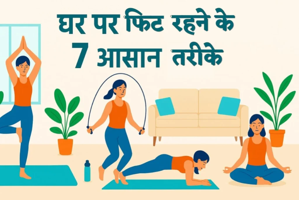 चार महिलाएं घर के आरामदायक वातावरण में योग, रस्सी कूद, प्लैंक और ध्यान जैसी फिटनेस गतिविधियाँ करती हुईं। बैकग्राउंड में पौधे, सोफा और पानी की बोतल दिख रही है। यह चित्र 'घर पर फिट रहने के 7 आसान तरीके' को दर्शाता है, जो Home Fitness को बढ़ावा देता है।