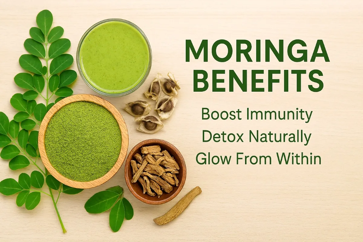 मोरिंगा पाउडर, पत्तियां और जड़ियों के साथ बनी तस्वीर जिसमें Moringa benefits बताए गए हैं – इम्यूनिटी बढ़ाना, शरीर को प्राकृतिक रूप से डिटॉक्स करना और त्वचा को अंदर से ग्लो देना।