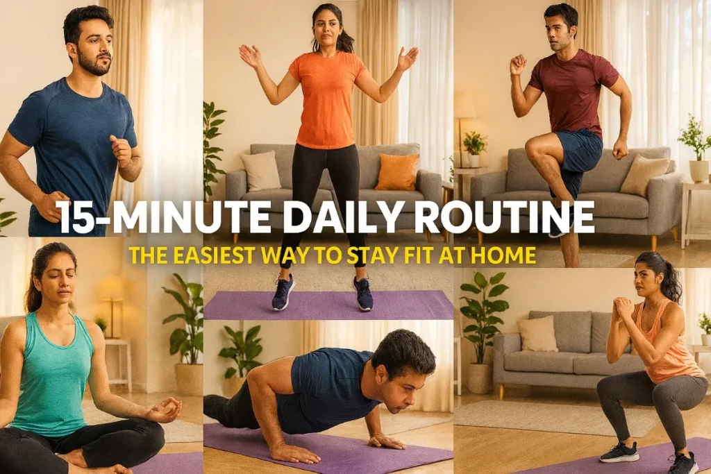 Beginners workout in Hindi – घर पर फिटनेस के लिए 15 मिनट का डेली रूटीन। पुरुष और महिलाएँ योगा मैट पर जॉगिंग, जंपिंग जैक्स, हाई नीज़, पुश-अप्स, स्क्वैट्स और मेडिटेशन करते हुए। यह आसान घरेलू व्यायाम लिविंग रूम में किए जा रहे हैं, जो हेल्दी और एनर्जेटिक लाइफस्टाइल का संदेश देते हैं।