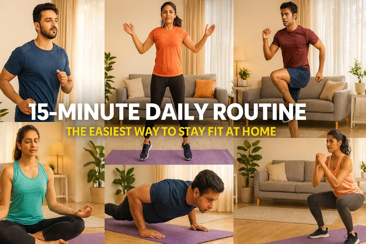 Beginners workout in Hindi – घर पर फिटनेस के लिए 15 मिनट का डेली रूटीन। पुरुष और महिलाएँ योगा मैट पर जॉगिंग, जंपिंग जैक्स, हाई नीज़, पुश-अप्स, स्क्वैट्स और मेडिटेशन करते हुए। यह आसान घरेलू व्यायाम लिविंग रूम में किए जा रहे हैं, जो हेल्दी और एनर्जेटिक लाइफस्टाइल का संदेश देते हैं।