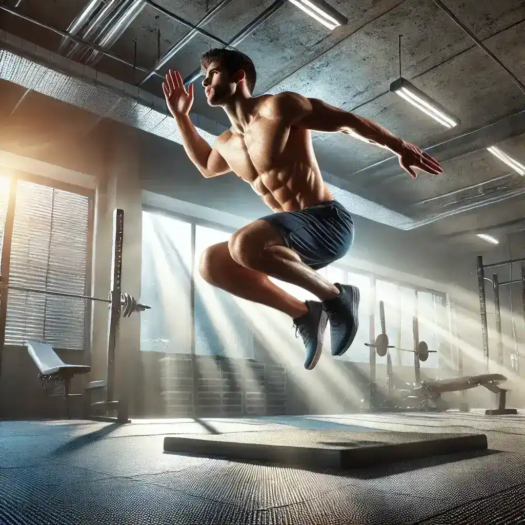 एक फिट पुरुष जिम में Burpees Exercise for Weight Loss करते हुए हवा में कूदता दिखाई दे रहा है। उसके शरीर की मसल्स स्पष्ट हैं और चारों ओर से आती रोशनी एक्सरसाइज की ऊर्जा और ताकत को दर्शाती है। यह छवि बर्पीज़ जैसी हाई-इंटेंसिटी फुल बॉडी वर्कआउट के जरिए फैट बर्निंग और फिटनेस को प्रमोट करती है।