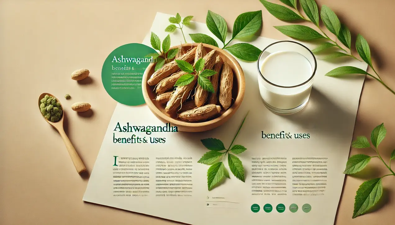 एक फ्लैट ले में रखी गई तस्वीर जिसमें लकड़ी के कटोरे में अश्वगंधा की जड़ें हैं, आस-पास हरी ताज़ा पत्तियाँ, एक गिलास दूध और एक लकड़ी का चम्मच जिसमें अश्वगंधा पाउडर है। यह सब एक बेज रंग की सतह पर रखे पत्रिका या ब्रोशर पर रखा है, जिस पर “Ashwagandha Benefits & Uses” लिखा हुआ है। पूरी तस्वीर स्वास्थ्य और प्राकृतिक जीवनशैली को दर्शाती है।