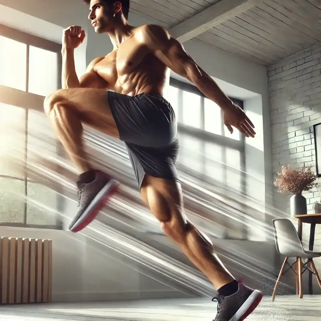 एक फिट पुरुष घर के अंदर High Knees Exercise for Weight Loss करते हुए दिखाई दे रहा है। वह घुटनों को तेजी से ऊपर उठाकर जगह पर दौड़ने जैसी मुद्रा में है। उसके शरीर की मसल्स स्पष्ट दिख रही हैं और पीछे से आती धूप ऊर्जा और तीव्रता को दर्शा रही है। यह छवि हाई नीज एक्सरसाइज के जरिए फैट बर्निंग और फिटनेस को प्रदर्शित करती है।