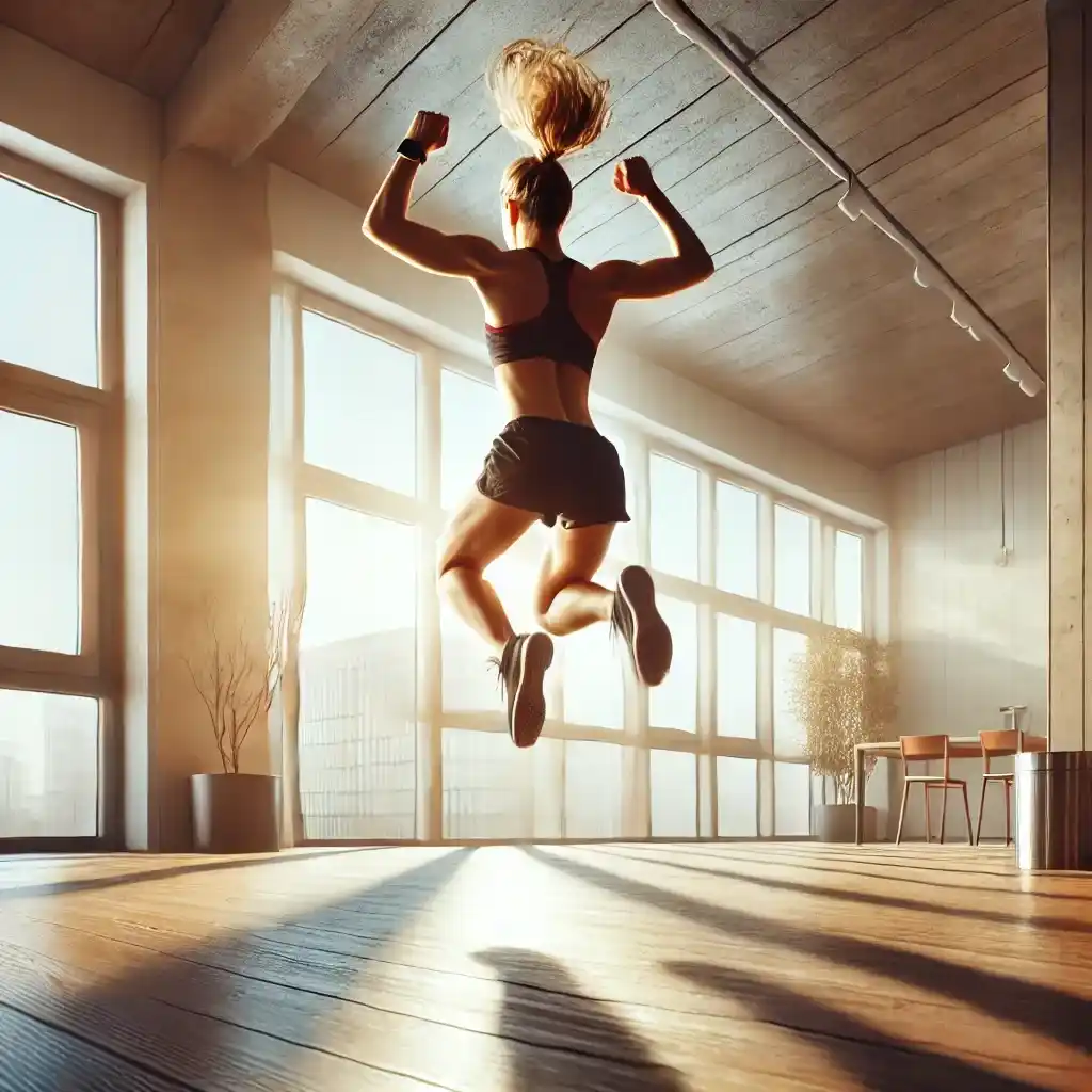 एक फिट महिला सुबह की धूप में कमरे के अंदर Jumping Jacks Exercise for Weight Loss करती हुई दिखाई दे रही है। वह हवा में कूद रही है, उसके बाल ऊपर उछल रहे हैं और पीछे से आती रोशनी ऊर्जा और मोटिवेशन का एहसास दिला रही है। यह छवि घर पर की जाने वाली फैट बर्निंग एक्सरसाइज को दर्शाती है।