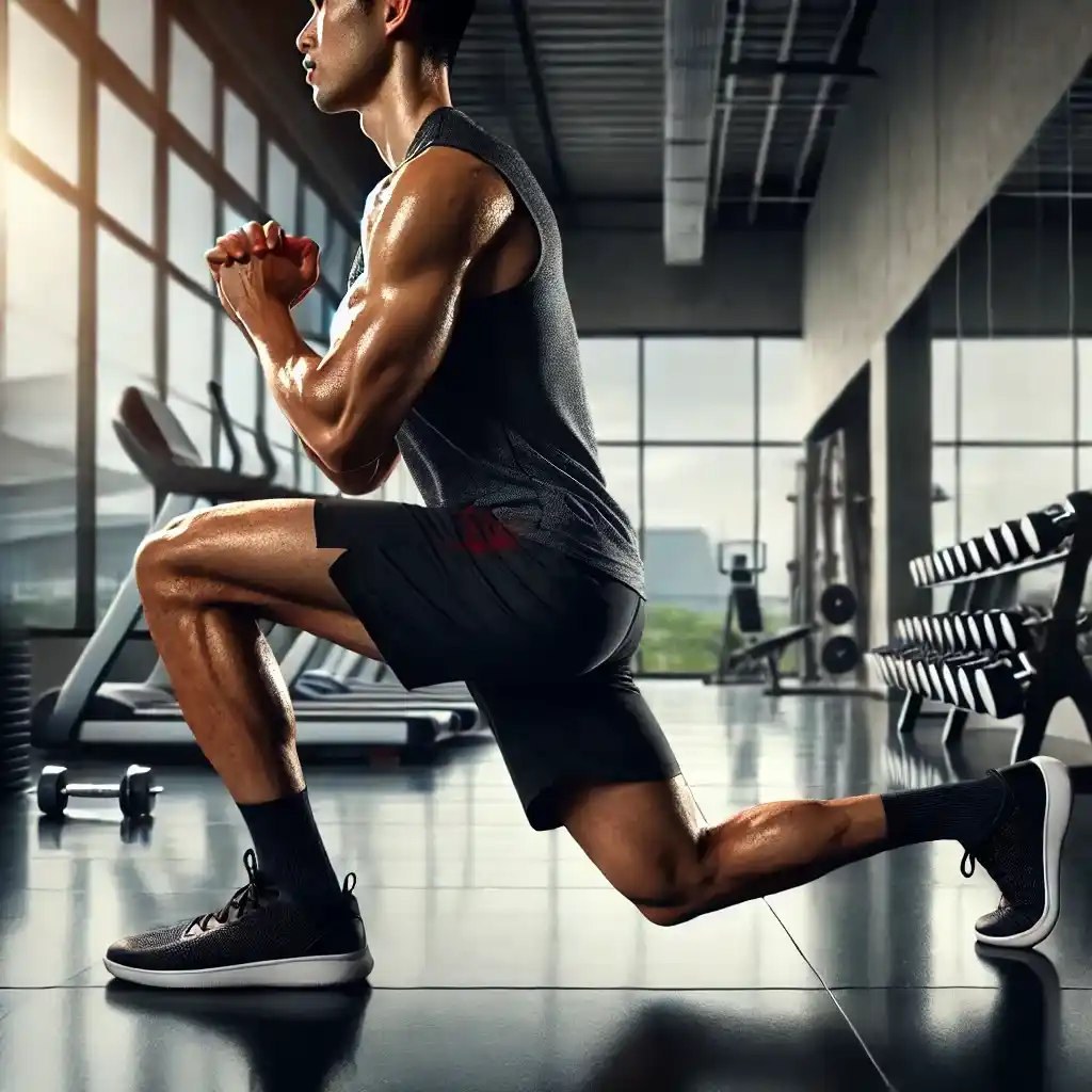 एक फिट पुरुष जिम में Lunges Exercise for Weight Loss करते हुए दिखाई दे रहा है। वह एक पैर आगे बढ़ाकर घुटना मोड़ रहा है और दूसरा पैर पीछे की ओर फैला हुआ है। उसके हाथ सामने जुड़े हुए हैं और शरीर संतुलन में है। यह छवि लेग मसल्स को मजबूत करने और फैट बर्निंग के लिए लंजेस एक्सरसाइज को दर्शाती है।