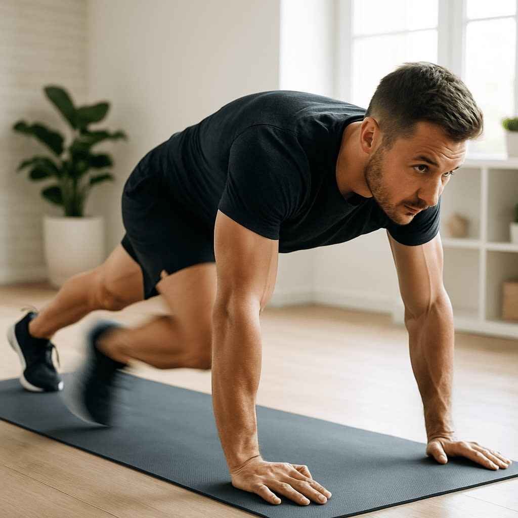एक फिट पुरुष घर के अंदर योगा मैट पर Mountain Climbers Exercise for Weight Loss करते हुए दिखाई दे रहा है। वह प्लैंक पोज़ में है और बारी-बारी से घुटनों को तेजी से आगे की ओर लाता हुआ मूवमेंट कर रहा है। यह छवि हाई-इंटेंसिटी कार्डियो वर्कआउट और फैट बर्निंग एक्सरसाइज को दर्शाती है।