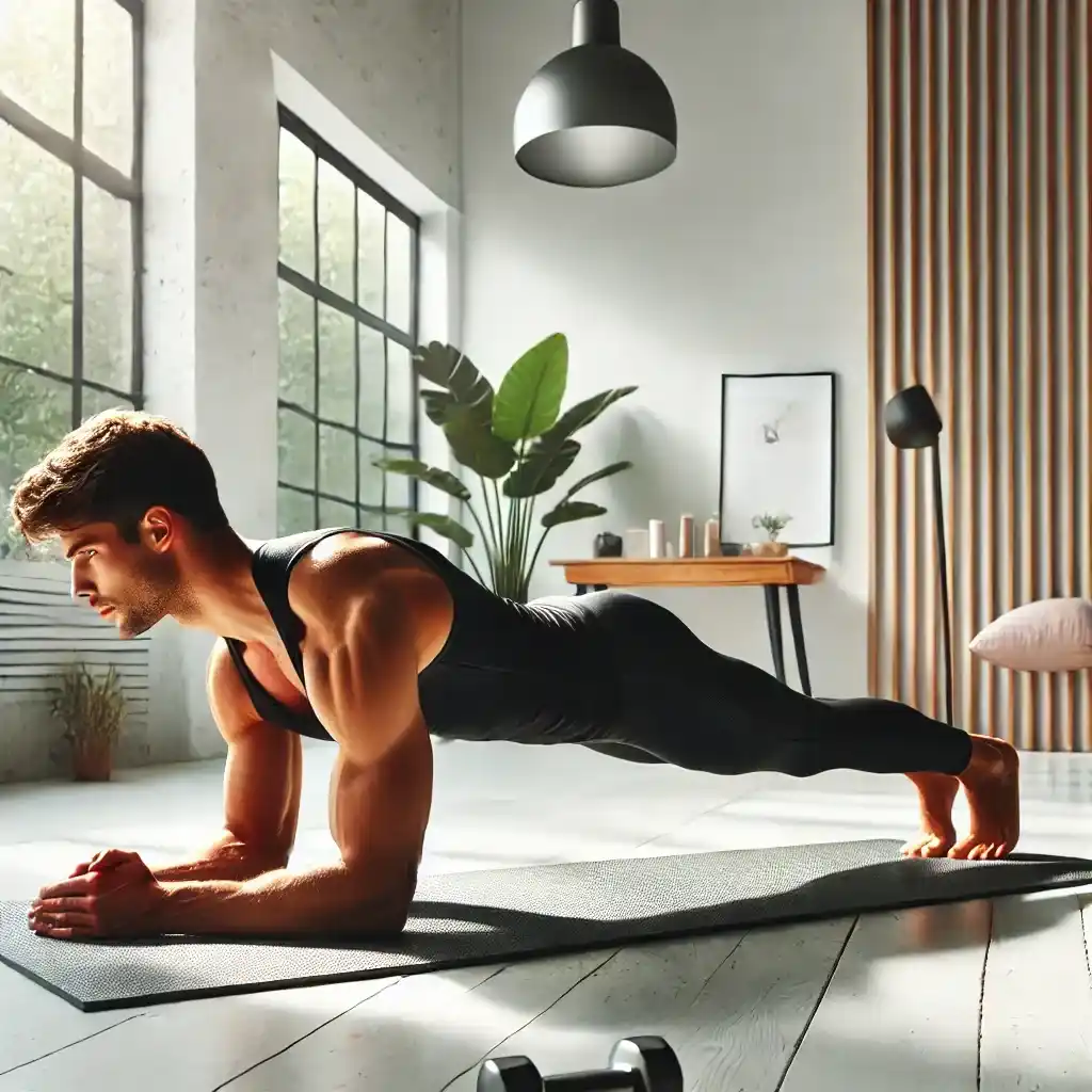 एक फिट पुरुष घर के अंदर योगा मैट पर Plank Exercise for Weight Loss करते हुए दिखाई दे रहा है। वह कोहनियों और पंजों पर शरीर को सीधा रखे हुए है, जिससे कोर मसल्स पर दबाव बन रहा है। पीछे की ओर प्राकृतिक रोशनी और पौधों के साथ कमरा शांत और फिटनेस-फोकस माहौल को दर्शाता है।