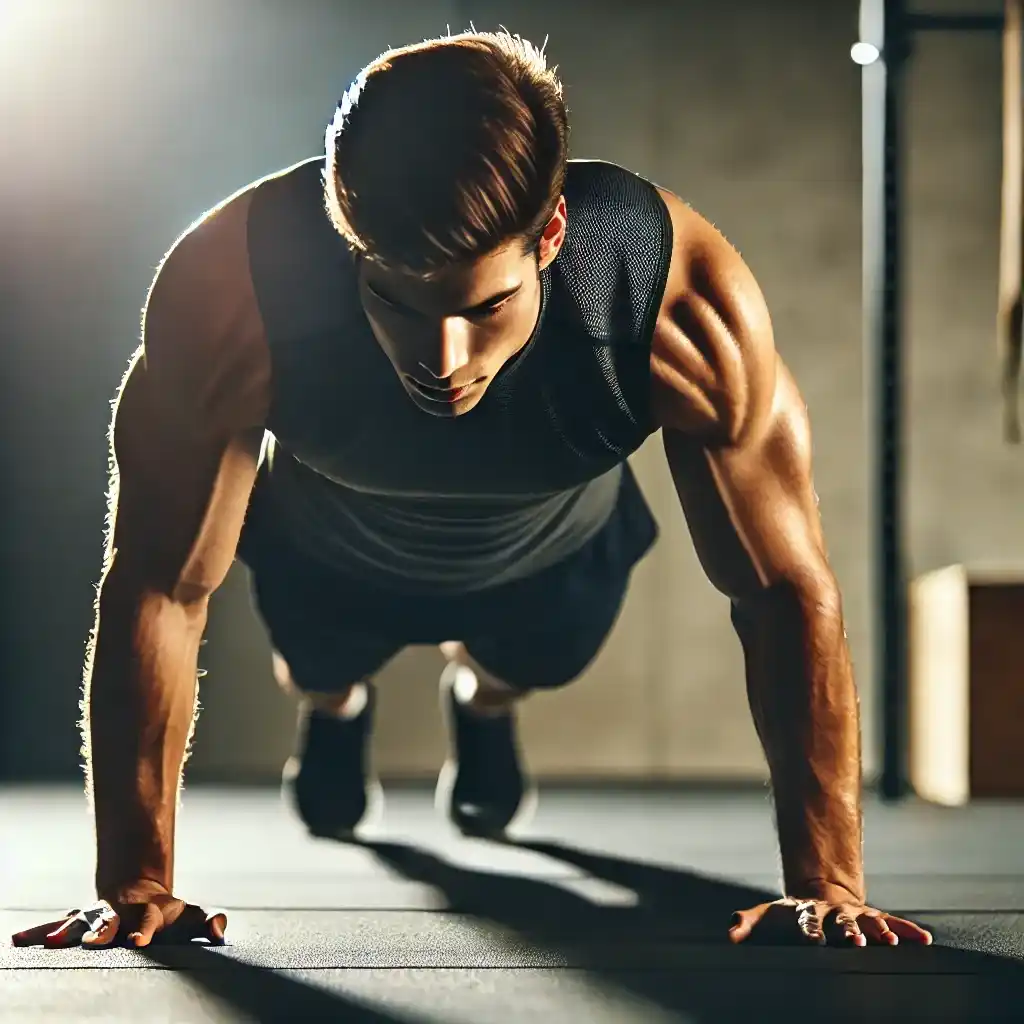 एक फिट पुरुष जिम में Push-ups Exercise for Weight Loss करते हुए दिखाई दे रहा है। वह शरीर को सीधा रखकर हाथों और पंजों पर भार संतुलित कर रहा है, जिससे चेस्ट, शोल्डर और आर्म्स की मसल्स सक्रिय दिख रही हैं। यह छवि पुशअप्स एक्सरसाइज के जरिए फैट बर्निंग और बॉडी टोनिंग को प्रदर्शित करती है।