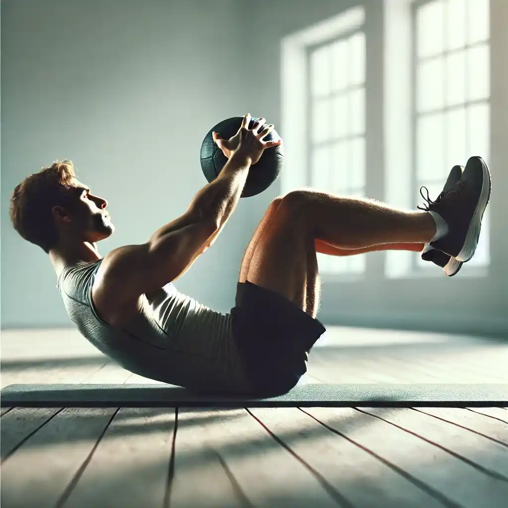 एक फिट पुरुष योगा मैट पर बैठकर Russian Twists Exercise for Weight Loss करते हुए दिखाई दे रहा है। वह पैरों को थोड़ा ऊपर उठाए हुए है और हाथों में मेडिसिन बॉल लेकर धड़ को दाएं-बाएं घुमा रहा है। यह छवि पेट की चर्बी घटाने और कोर स्ट्रेंथ बढ़ाने वाली एक्सरसाइज को दर्शाती है।