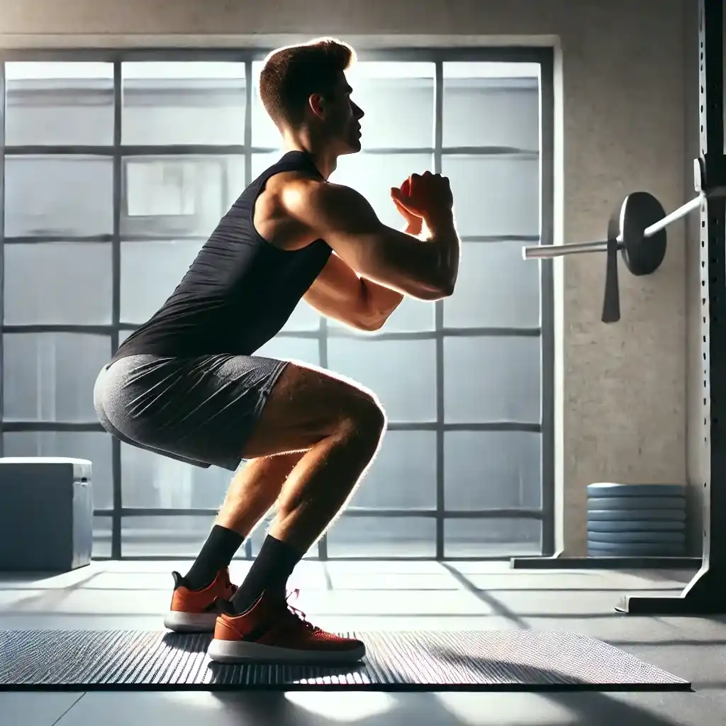 एक फिट पुरुष जिम में Squats Exercise for Weight Loss करते हुए दिखाई दे रहा है। वह घुटनों को मोड़कर नीचे बैठने की मुद्रा में है, पीठ सीधी है और हाथ सामने जुड़े हुए हैं। यह छवि लेग मसल्स की स्ट्रेंथ और फैट बर्निंग के लिए स्क्वैट्स एक्सरसाइज की सही तकनीक को दर्शाती है।