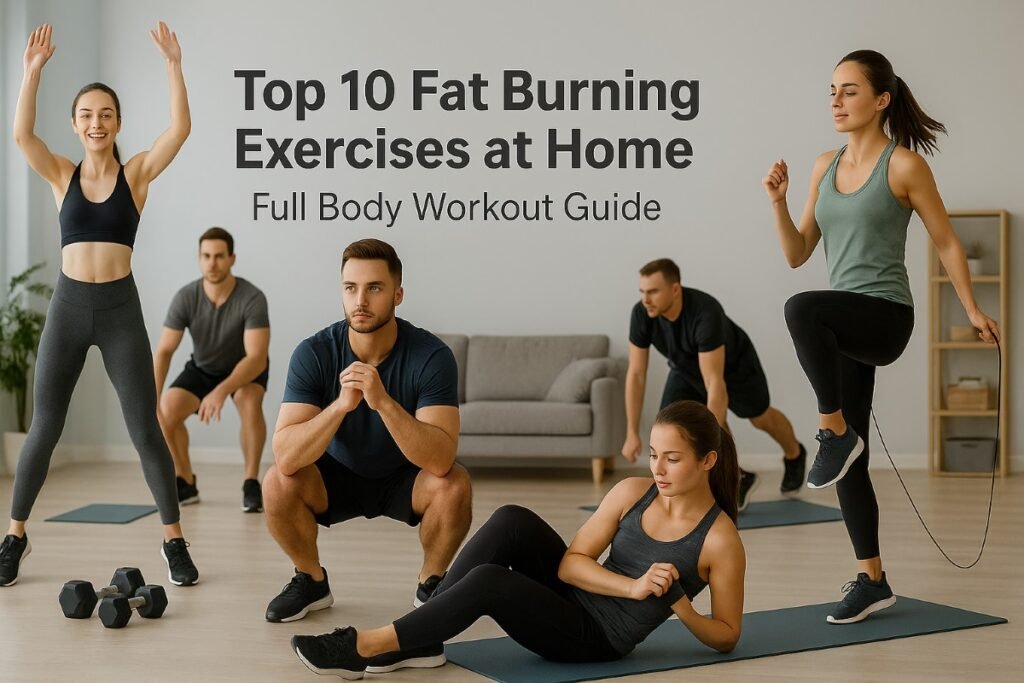 एक ग्रुप में फिट पुरुष और महिलाएँ घर के अंदर वजन घटाने के लिए वर्कआउट एक्सरसाइज (fat burning exercises at home) करती हुई दिखाई दे रही हैं — जैसे स्क्वैट्स, जंपिंग जैक्स, लंजेस और रस्सी कूदना। पृष्ठभूमि में एक साफ-सुथरा लिविंग रूम है। चित्र पर लिखा है — “Top 10 Fat Burning Exercises at Home | Full Body Workout Guide।” यह छवि फिटनेस, ऊर्जा और प्रेरणा को दर्शाती है।